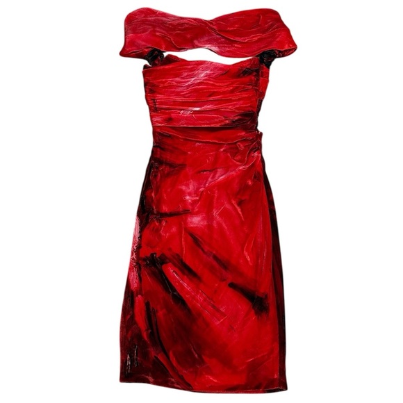NWT Moschino Abstract Off-The-Shoulder Velour Velvet Dress US 4 Red Cocktail - Picture 3 of 14